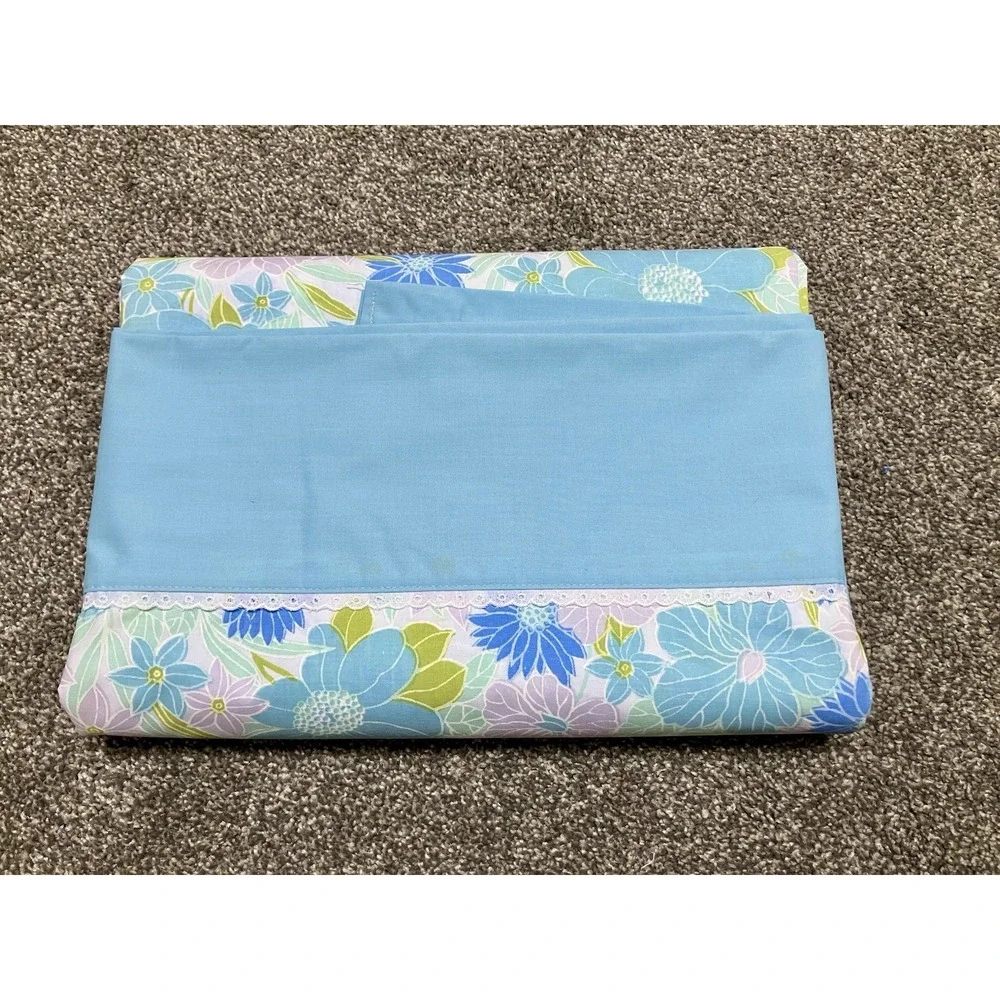 Vintage Springmaid Wondercale Blue White Floral TWIN FLAT SHEET Percale Cottage